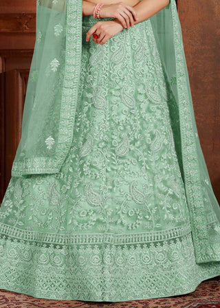Pista Green Soft Net Lehenga Choli with Thread, Zarkan & Pearl work Clothsvilla