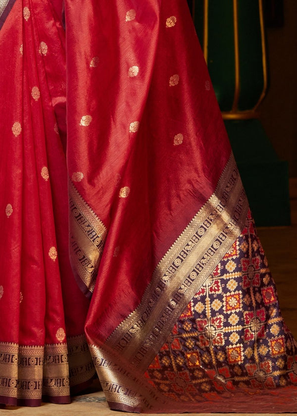 Cherry Red Woven Banarasi Silk Saree with Patola Pallu and Blouse Clothsvilla