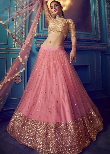 Rouge Pink Designer Soft Net Lehenga Choli with Sequin and Dori work Clothsvilla