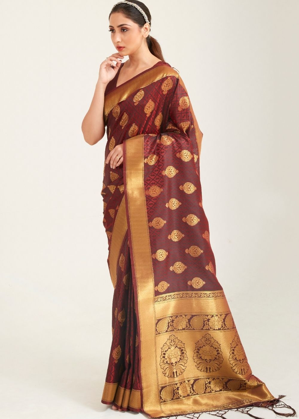 Caramel Brown Zari Butta Woven Banasari Silk Saree Clothsvilla Main image