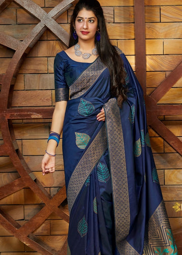 Navy Blue Saree in Sunheri Dola Silk Contrast