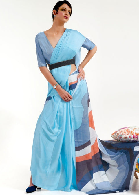 Baby Blue Digital Printed Satin Crepe Saree Clothsvilla Main image