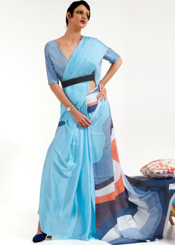 Baby Blue Digital Printed Satin Crepe Saree Clothsvilla