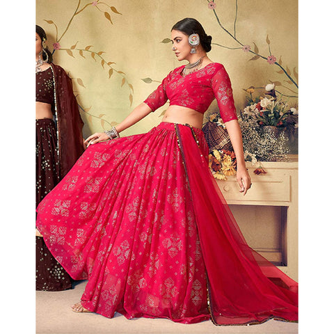 Red Ribbon Georgette Fabrics Lehenga choli ClothsVilla Main image