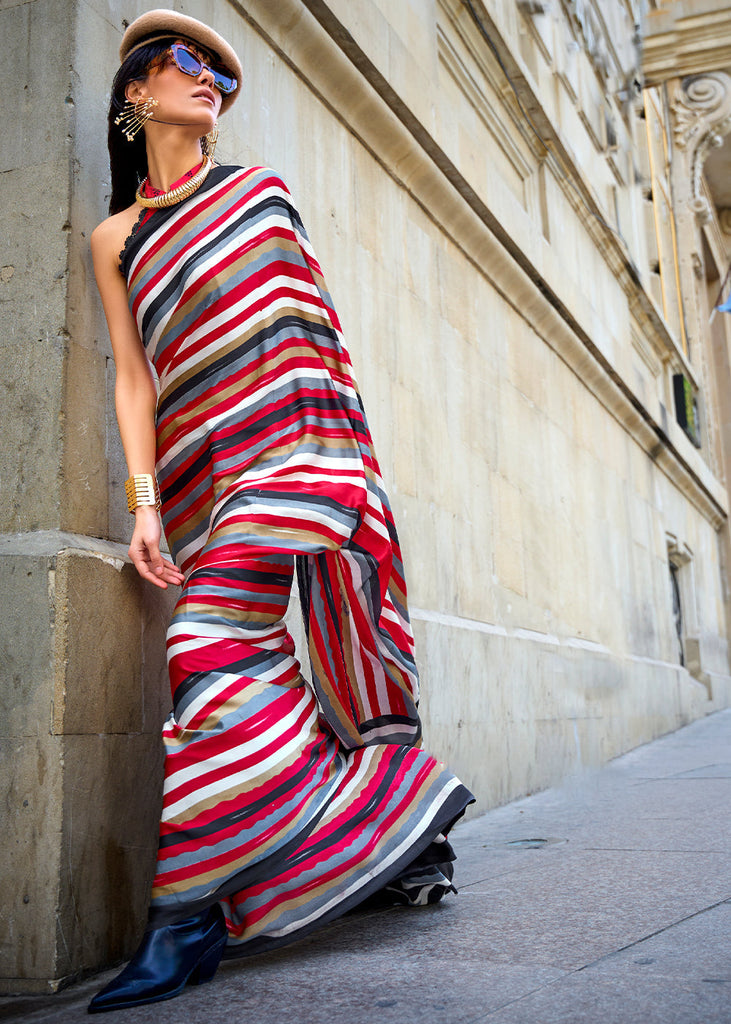 Crimson Red Designer Satin Crepe Printed Saree Clothsvilla