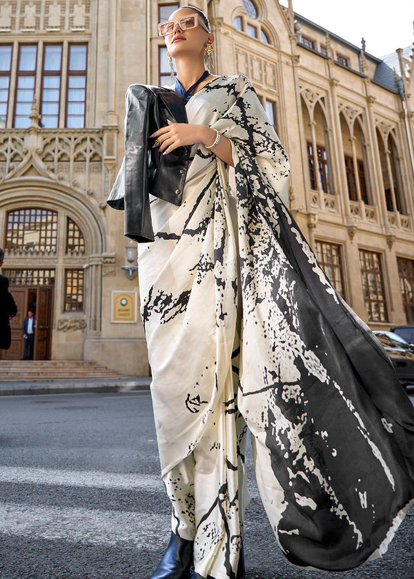 Parchment White Designer Satin Crepe Printed Saree Clothsvilla