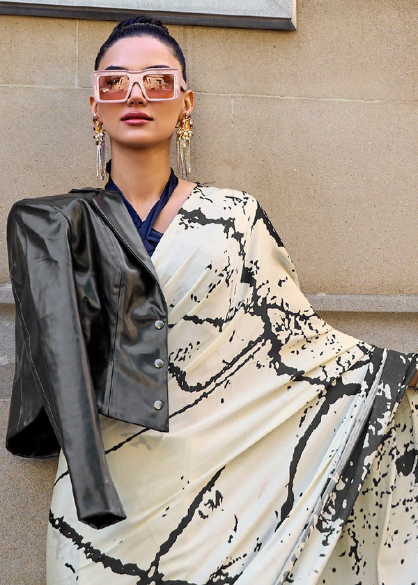 Parchment White Designer Satin Crepe Printed Saree Clothsvilla