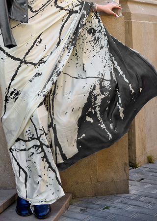 Parchment White Designer Satin Crepe Printed Saree Clothsvilla