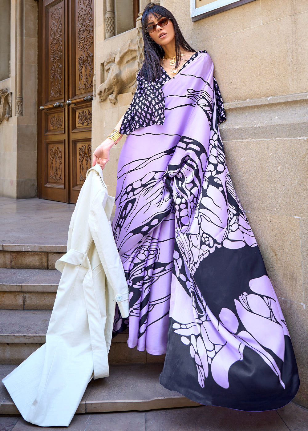 Orchid Purple Designer Satin Crepe Printed Saree Clothsvilla