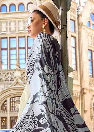 Grey & White Designer Satin Crepe Printed Saree Clothsvilla