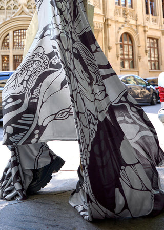 Grey & White Designer Satin Crepe Printed Saree Clothsvilla