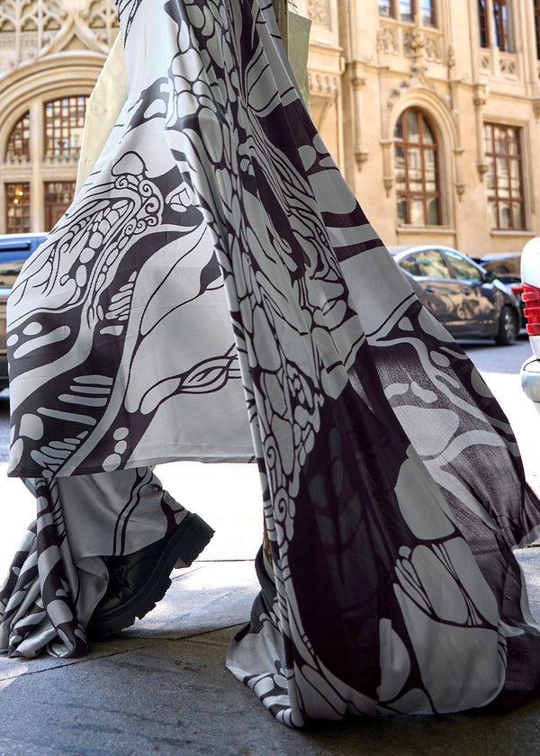 Grey & White Designer Satin Crepe Printed Saree Clothsvilla