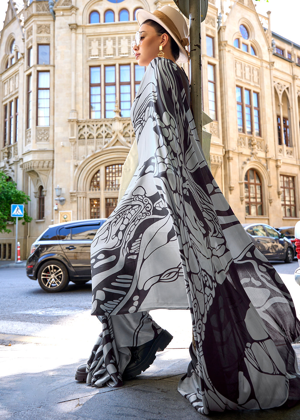 Grey & White Designer Satin Crepe Printed Saree Clothsvilla Main image