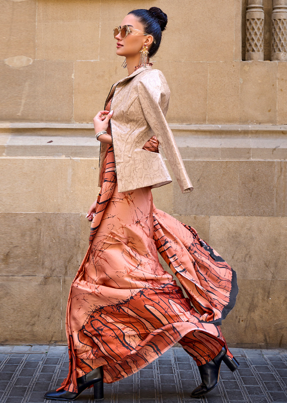 Shades Of Orange Designer Satin Crepe Printed Saree Clothsvilla
