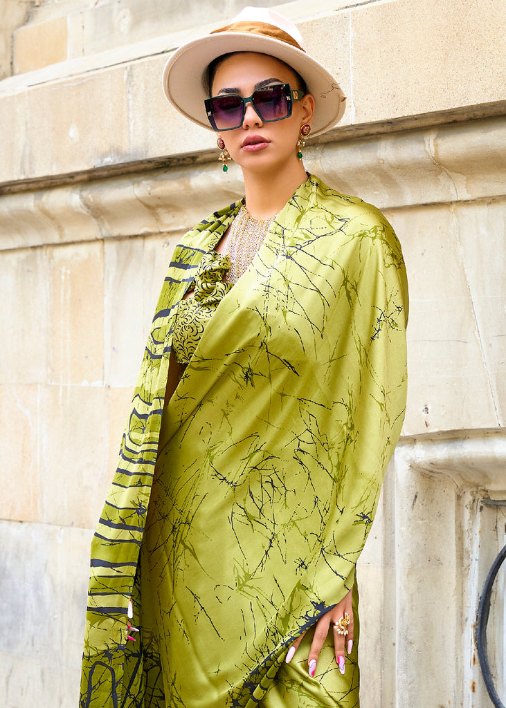 Avocado Green Designer Satin Crepe Printed Saree Clothsvilla