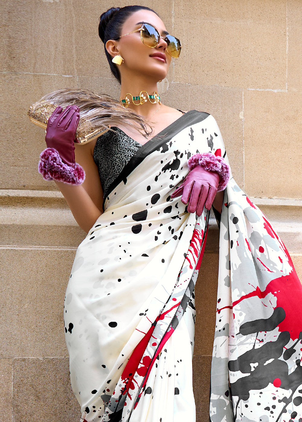 Rice White Designer Satin Crepe Printed Saree Secondary image
