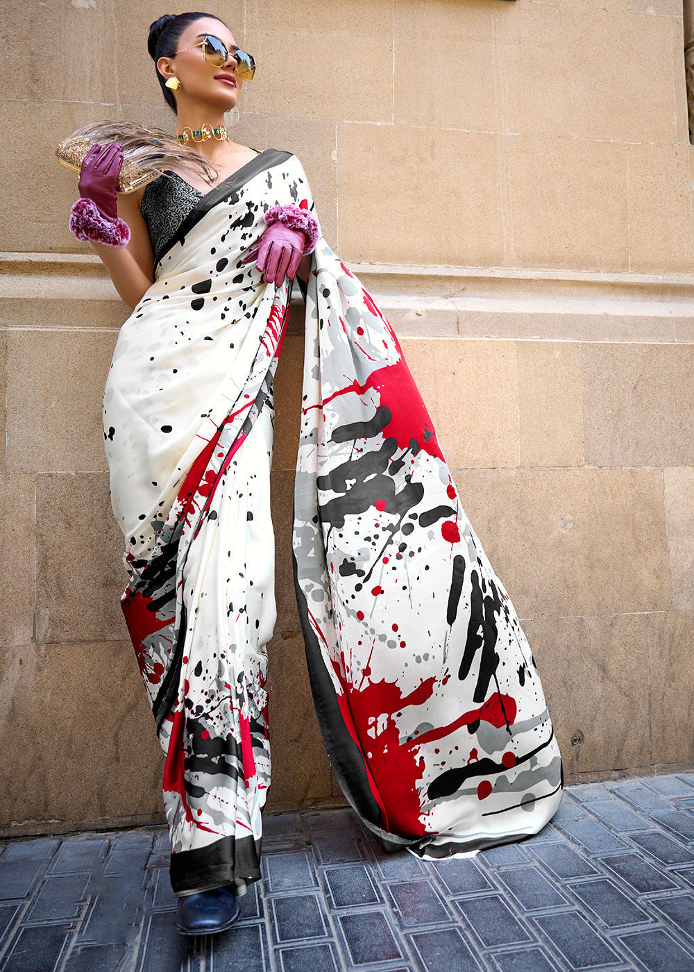 Rice White Designer Satin Crepe Printed Saree Clothsvilla Main image