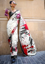 Load image into Gallery viewer, Rice White Designer Satin Crepe Printed Saree Clothsvilla