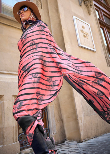 Coral Pink Designer Satin Crepe Printed Saree Clothsvilla