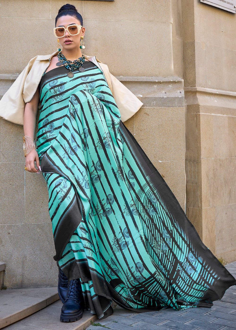 Tiffany Blue Designer Satin Crepe Printed Saree Clothsvilla Main image