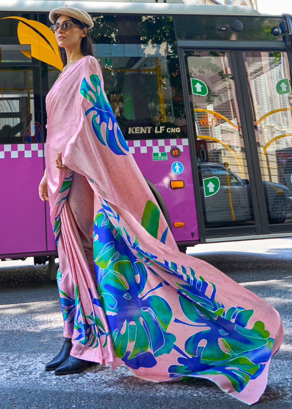Flamingo Pink Designer Satin Crepe Printed Saree Clothsvilla