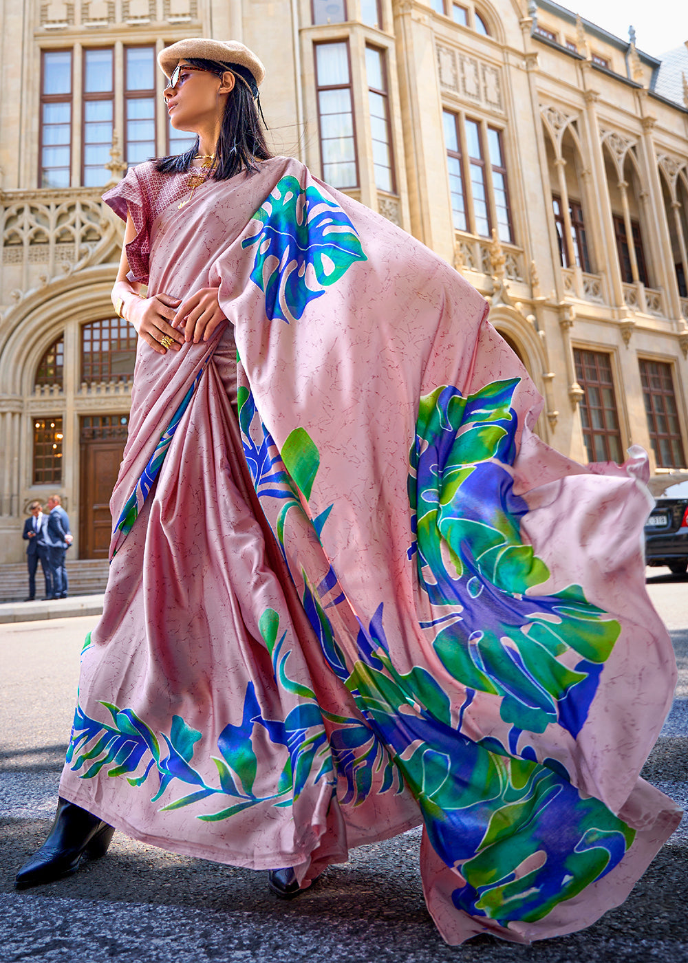 Flamingo Pink Designer Satin Crepe Printed Saree Clothsvilla Main image