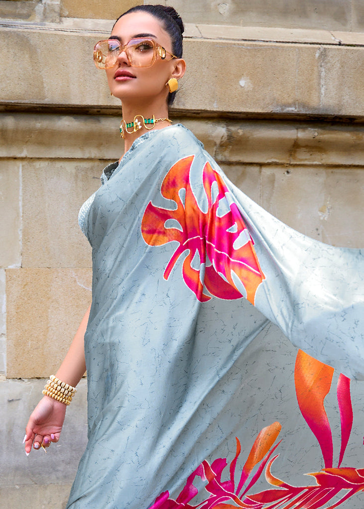 Pearl River Grey Designer Satin Crepe Printed Saree Clothsvilla