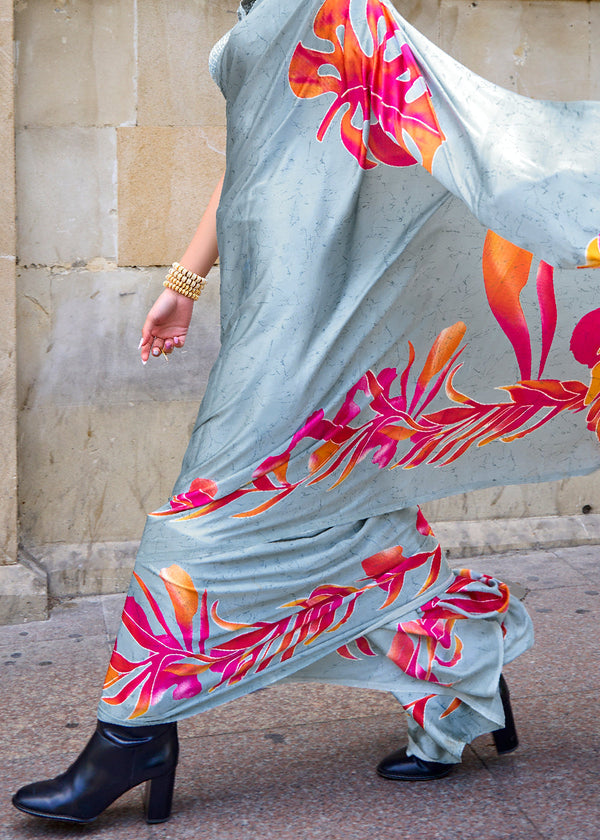 Pearl River Grey Designer Satin Crepe Printed Saree Clothsvilla
