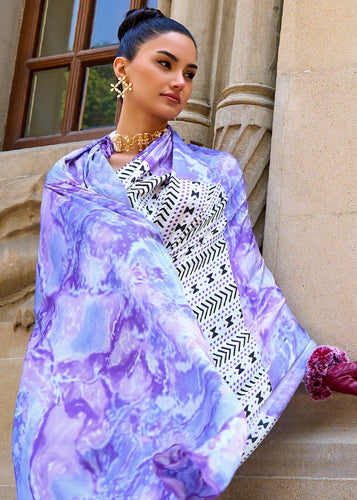 White & Purple Designer Satin Crepe Printed Saree Clothsvilla