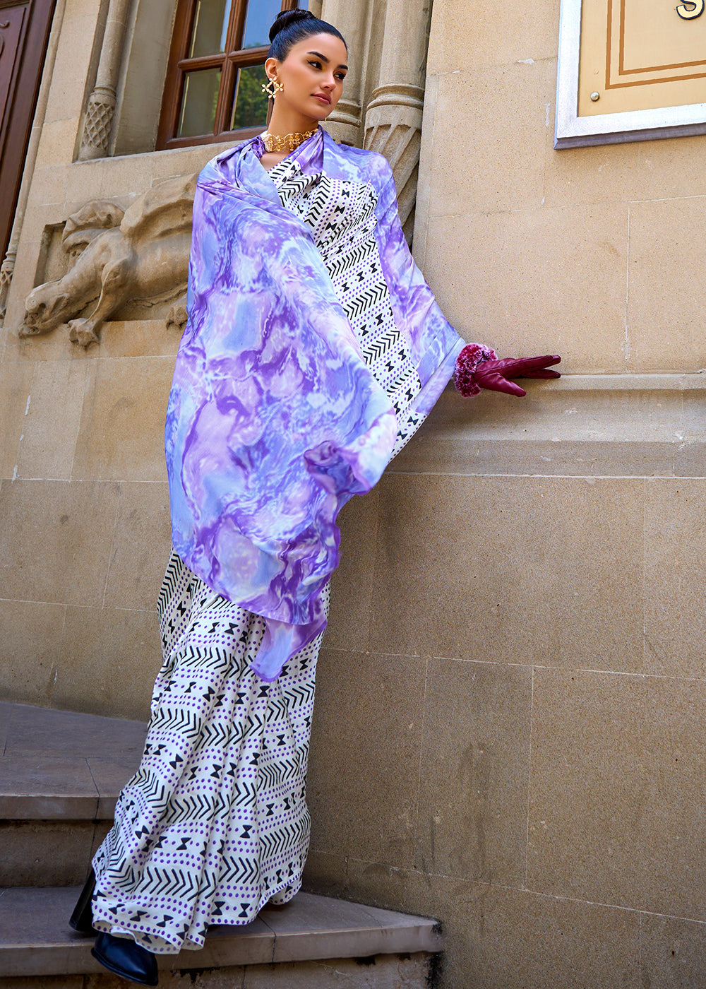 White & Purple Designer Satin Crepe Printed Saree Clothsvilla Main image