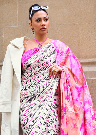 White & Pink Designer Satin Crepe Printed Saree Clothsvilla