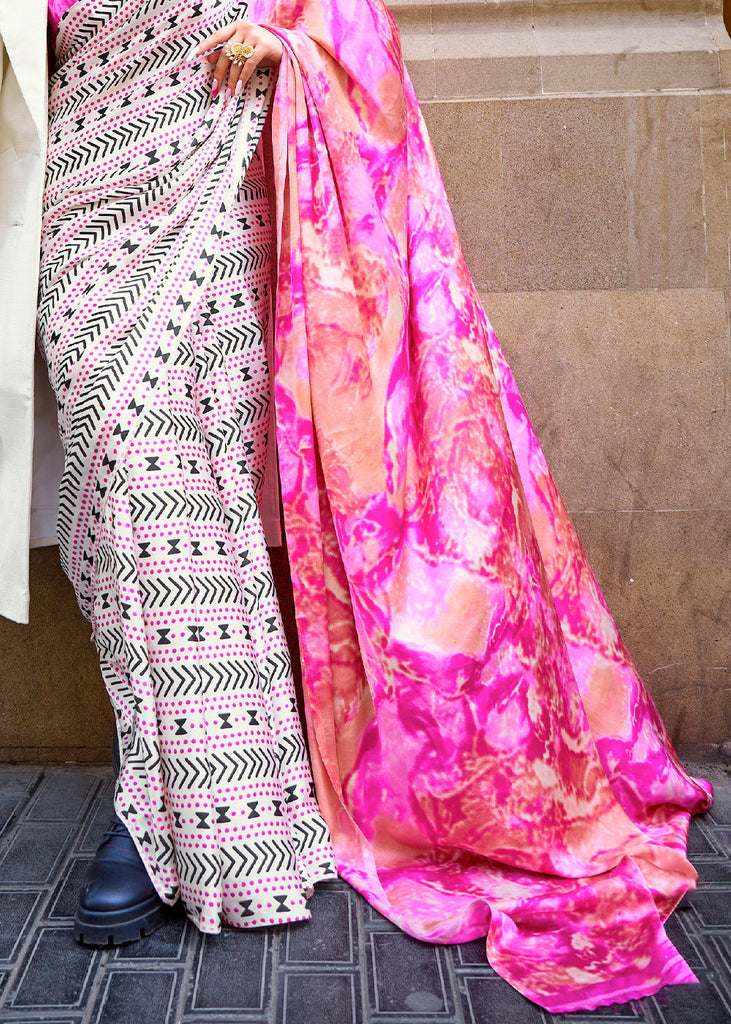 White & Pink Designer Satin Crepe Printed Saree Clothsvilla