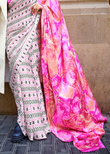 Load image into Gallery viewer, White &amp; Pink Designer Satin Crepe Printed Saree Clothsvilla