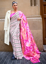 Load image into Gallery viewer, White &amp; Pink Designer Satin Crepe Printed Saree Clothsvilla