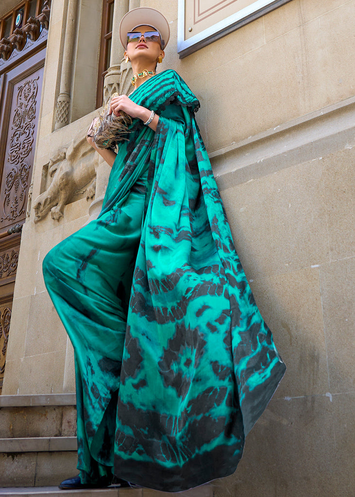 Dark Cyan Green Designer Satin Crepe Printed Saree Clothsvilla