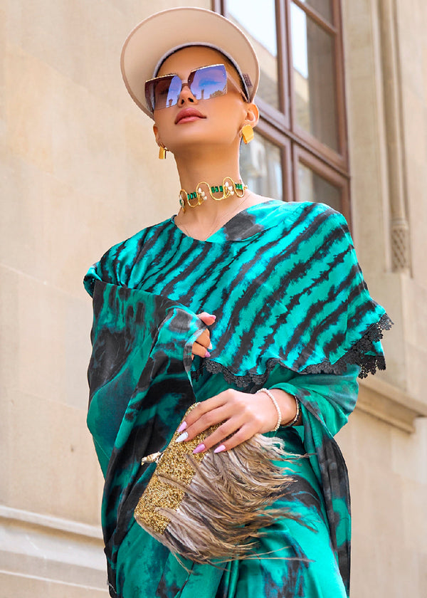 Dark Cyan Green Designer Satin Crepe Printed Saree Clothsvilla