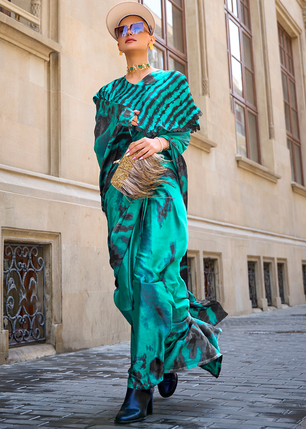 Dark Cyan Green Designer Satin Crepe Printed Saree Clothsvilla Main image