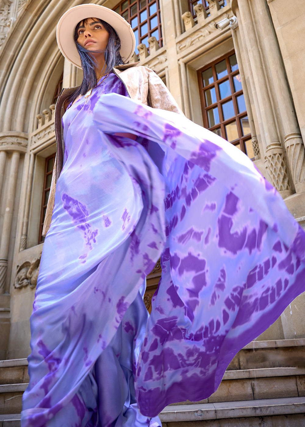 Shades Of Purple Designer Satin Crepe Printed Saree Secondary image