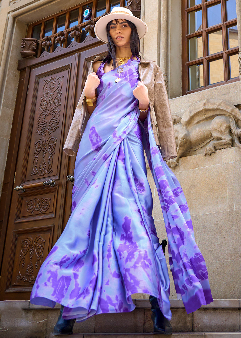 Shades Of Purple Designer Satin Crepe Printed Saree Clothsvilla Main image
