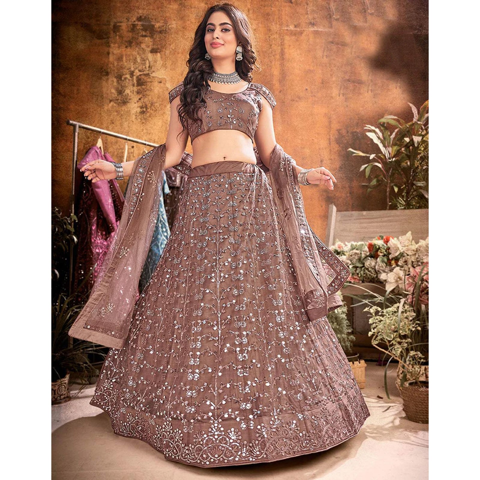 Dark Brown Thread and Sequence work Lehenga choli ClothsVilla