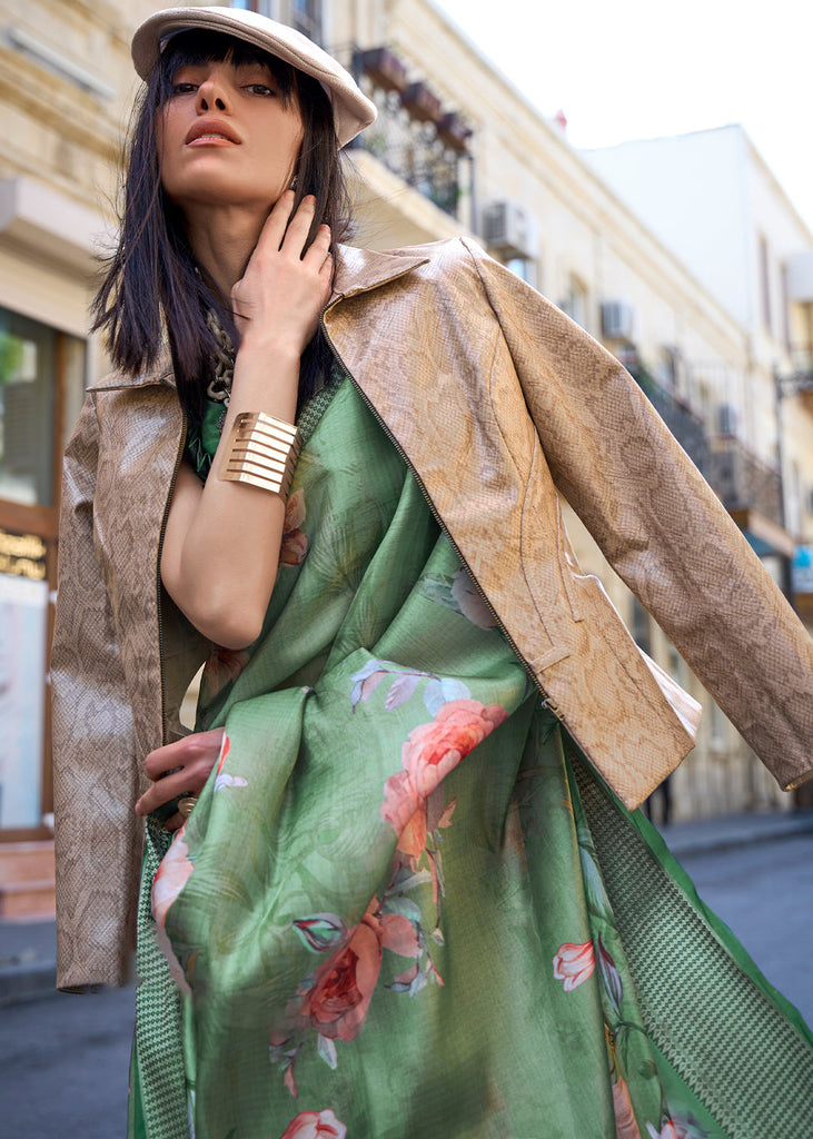 Shades Of Green Floral Printed Satin Organza Saree Clothsvilla