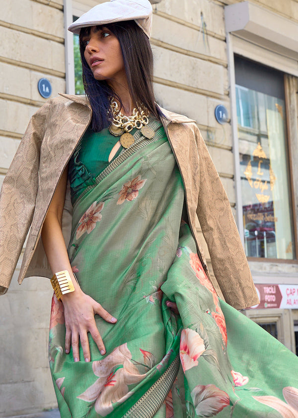 Shades Of Green Floral Printed Satin Organza Saree Clothsvilla