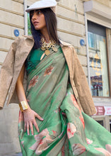 Load image into Gallery viewer, Shades Of Green Floral Printed Satin Organza Saree Clothsvilla