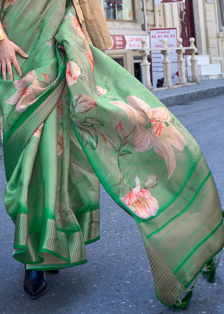 Shades Of Green Floral Printed Satin Organza Saree Clothsvilla