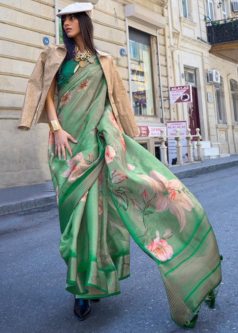 Shades Of Green Floral Printed Satin Organza Saree Clothsvilla Main image