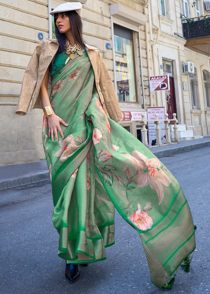 Shades Of Green Floral Printed Satin Organza Saree Clothsvilla