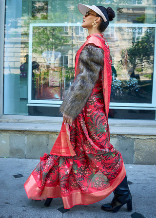 Crimson Red Floral Printed Satin Organza Saree Clothsvilla