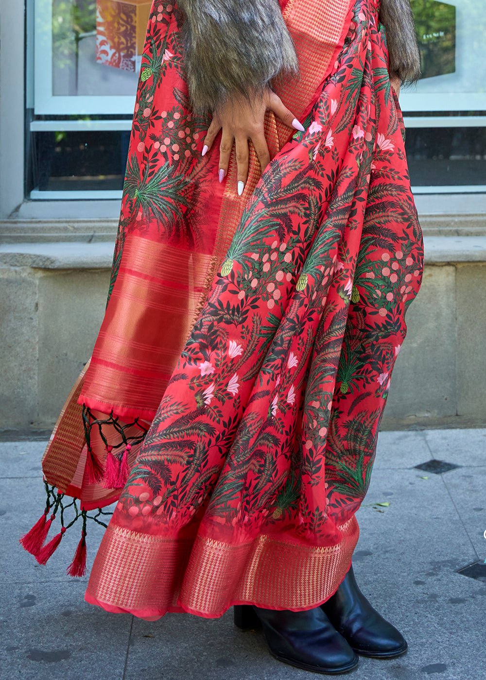 Crimson Red Floral Printed Satin Organza Saree Clothsvilla
