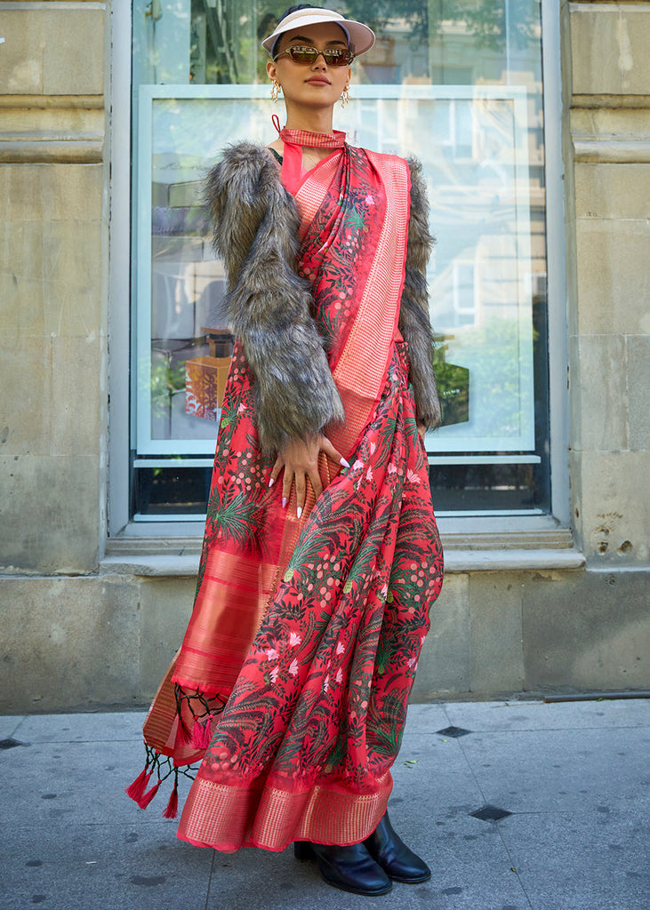 Crimson Red Floral Printed Satin Organza Saree Clothsvilla