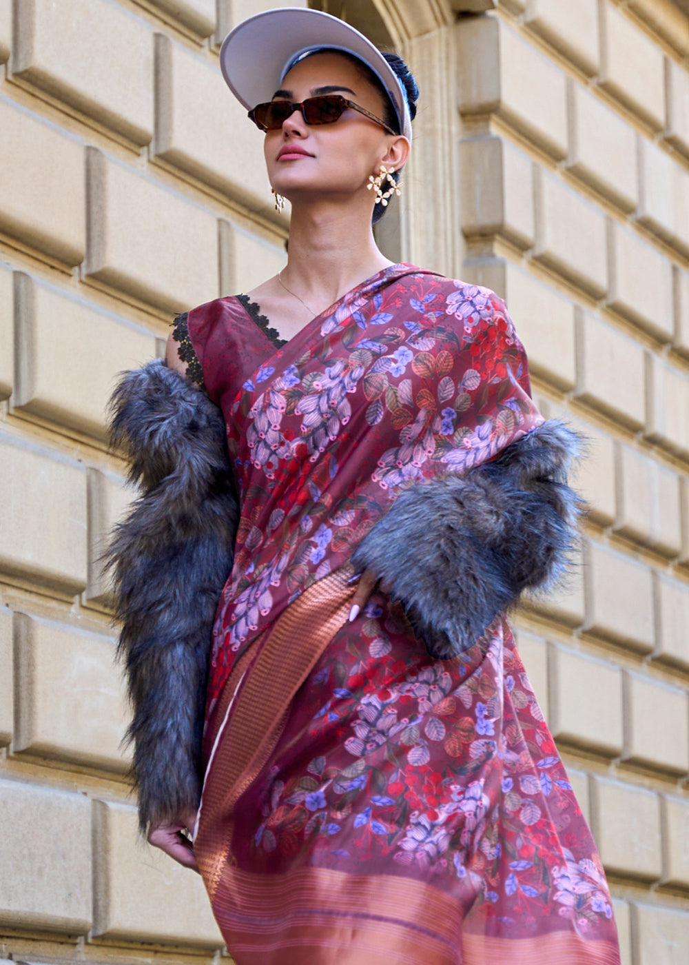 Shades Of Purple Floral Printed Satin Organza Saree Clothsvilla